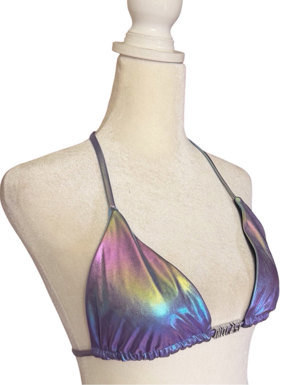 OUTCAST Paloma Iridescent Holographic Triangle Bikini Top w rhinestone logo sz L